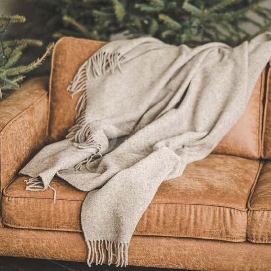 Wool blanket with fringes "Jaukumas" beige